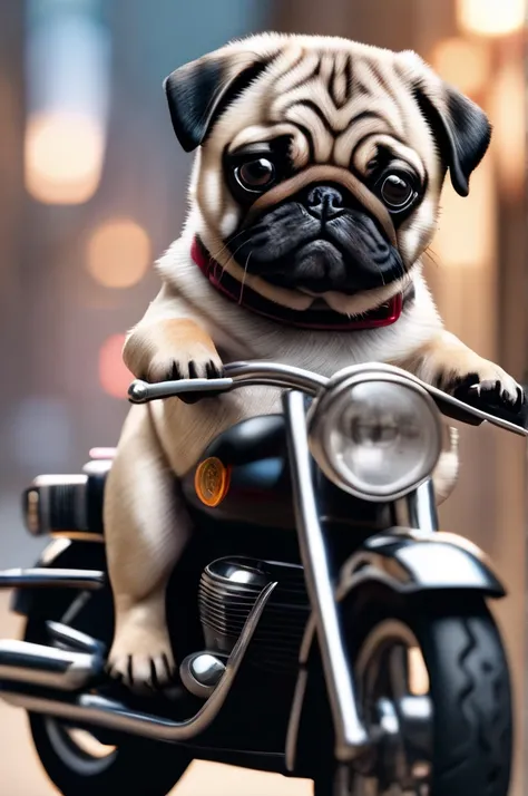 pug, dog on a motorcycle, high resolution, masterpiece, 8k, 4k, (realistic photos), (realistic), bokeh,