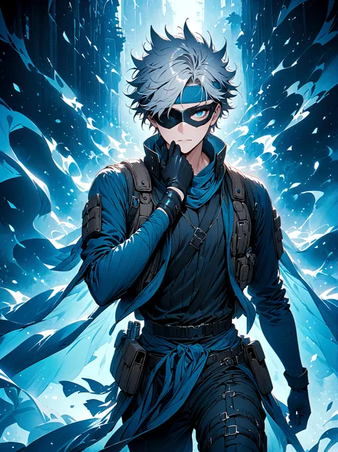 a fictional anime character sporting a silver spiky hair, wearing a headband tilted to cover one eye. he is dressed in a typical...