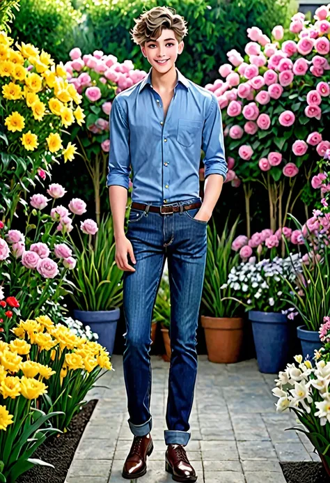 (masterpiece), best quality, expressive eyes, perfect face,young man having long legs thick thighs large hips thin and narrow weist wearing, jeans, formal shirt, moon night garden flowers, very small spikey boyish haircut, boy , boy, wide hips, very wide h...