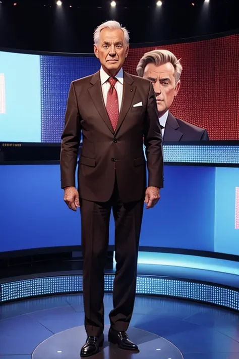 front view of 70 year old male TV news presenter wearing brown shoes