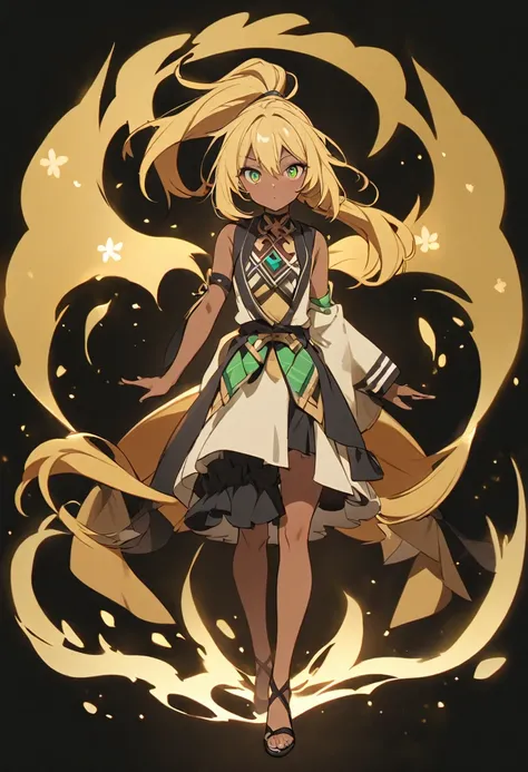 girl, blond hair, ponytail, green eyes, dark skin, have 3 tails  full body