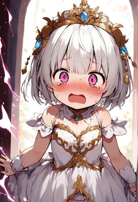 Loli,White hair,short hair,Scared expression,White lingerie,