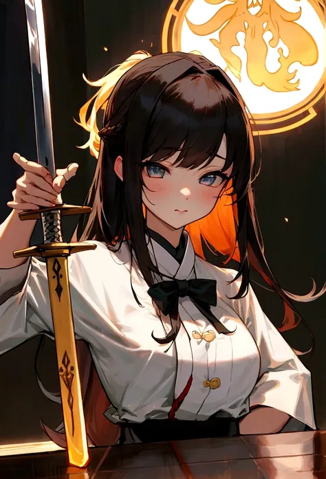 girl，Perfect face，bartending师服装，bartending师，Pouring alcohol，bartending，Bar，bar，Double swords behind，Upper body close-up，masterpiece，Perfect composition，Long hair，Air bangs