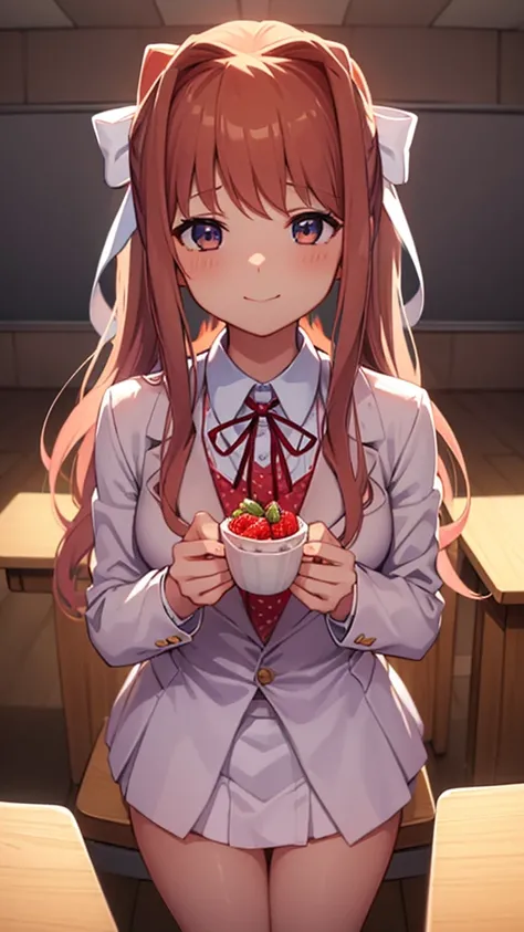 1girl, solo, small breast ((monika from doki doki literature club)) mouth closed, happy, in the classroom alone, detailed light, , full body view young, young body, eating strawberrie ice cream 