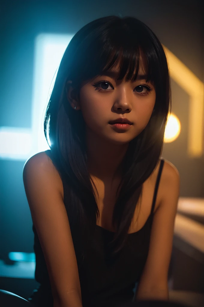 single beautiful girl, deep dark background, cinematic light, hi-key