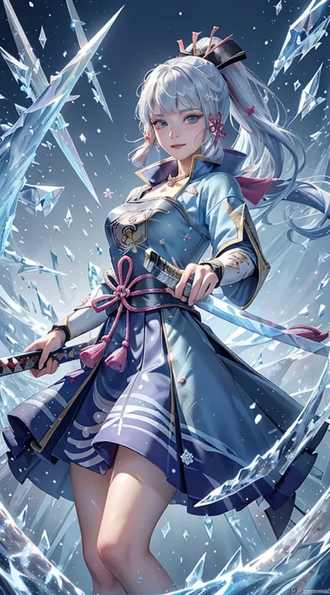 ((kamisatoayakadef)),1 Anime Girl, Warrior, Realistic people,Realistic, beautiful, smile, elegant, Majestic, Splash Art, Particles of light, Diamond Blade, (Cold Energy, Cold Blast, cold water: 1.4) Dynamic pose, ((Japanese Sword,Grab your sword))((Holding...