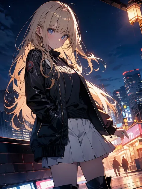 Blonde、night、Remains、art、,mini skirt,vision,Small face　bangs ,beauty,vision 、boots 、One person 、Jacket