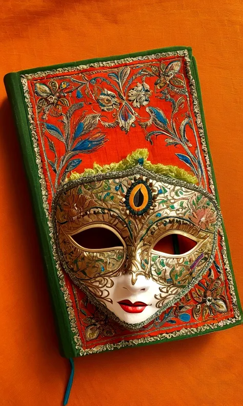 Book with bookmark and cotton eye mask, cotton eye mask with ornate and detailed patchwork fabric, intricate textiles, intricate artwork, neon eyes, eye masks, wonderfully detailed eyes, masquerade masks, exquisitely detailed Orissa eye masks, vintage, Rus...