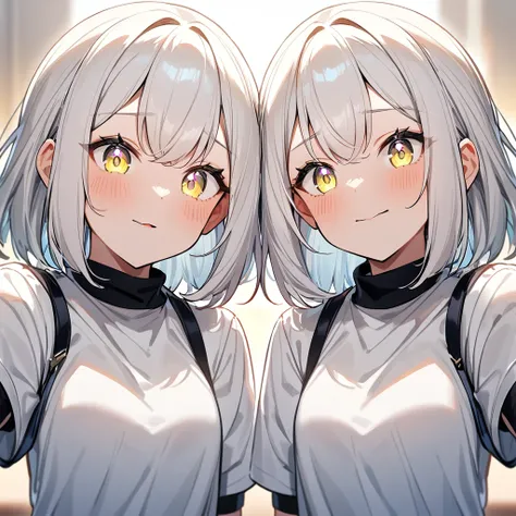 2girls,light hair,Hazy eyes,pov,best quality, very aesthetic, absurdres, absurdres,face,line up,afterglow,White hair