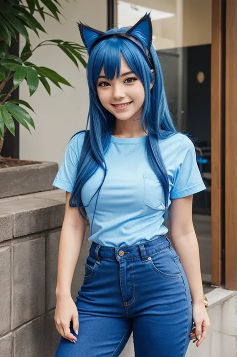 Cute anime girl, blue hair, cat ears, blue shirt, blue pants, smiling