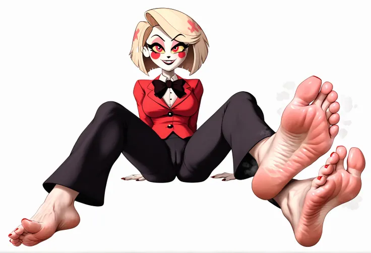 Charlie from Hazbin Hotel, detailed feet, foot fetish, soles, toes, red toesnail, beautiful face, wrinkled soles, stinky feet, stink steam, blond hairs, :D , beautiful red eyes, pussy out of pantie, massive . Masterpiece, 4k, ultra detailed soles, ultra de...