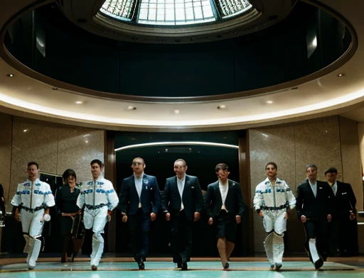 Photograph Close view of the 5 Astronauts arrive at a huge lobby containing a spaceship 