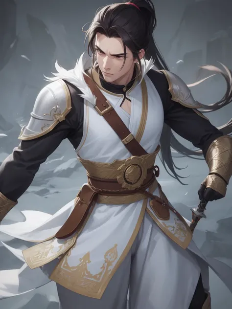 secondary element，style of animation，person（male warrior），The ratio is right，facial details，swordsman，high-ponytail Hairstyle，neck detail，There is an Adam&#39;s apple，blue suit，grap，Long blue gown，clothes details，India，long sleeves，game quality，fencing，Lig...