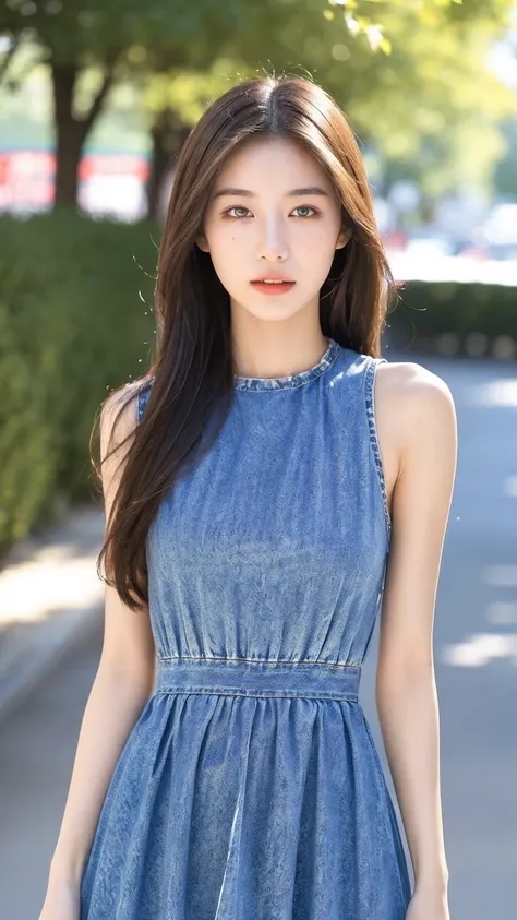 ((Best quality, 8K, masterpiece:1.3))，1girl，18 years old，Asian，Real texture:1.3，(Background blur:1.3)，Gorgeous long dress，Tall and slender figure:1.2，(Hot summer weather)，（street:1.3），Highly detailed face and skin textures，Exquisite eyes，Long eyelashes，Dou...