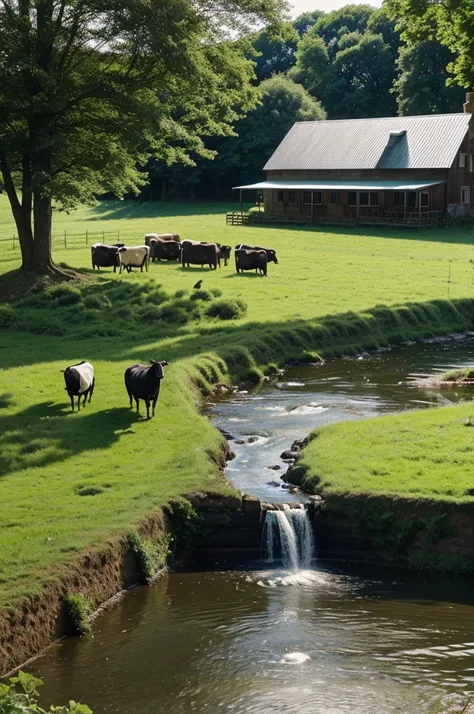 A farm house with cows , sheep , horses , trees around it… a stream flowing with a beautiful landscape