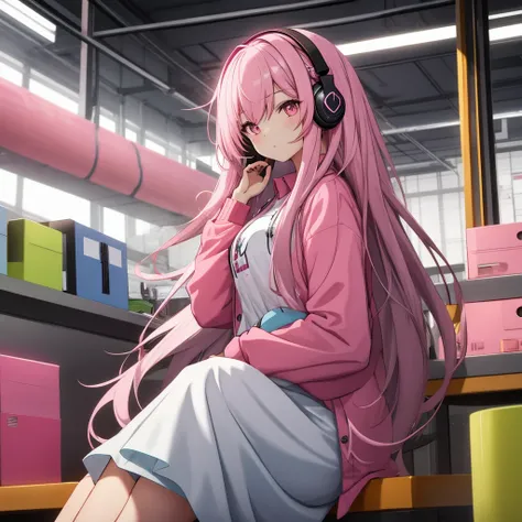 Woman wearing headphones with long hair looking sideways Wear a pink long-sleeved shirt and sit indoors ในห้องนอน นั่งลนเตียง ข้างนอกมีในตก