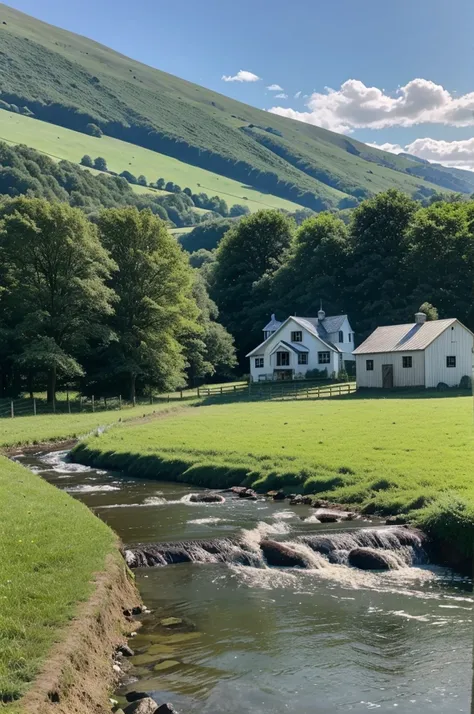 A farm house with cows , sheep , horses , trees around it… a stream flowing with a beautiful landscape