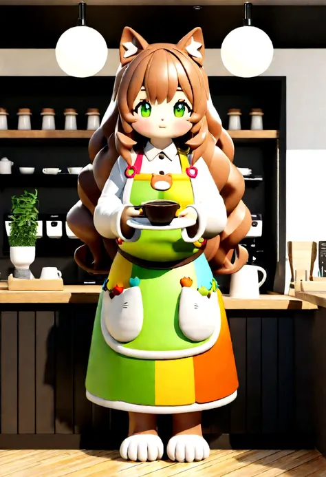 ,A chubby cat in a 3D style, wearing an apron with colorful details, standing on two feet with a cute exposed belly, actively serving coffee in a cozy café. The cat has white and brown fur, green eyes, and fluffy long hair, resembling the reference photo. ...