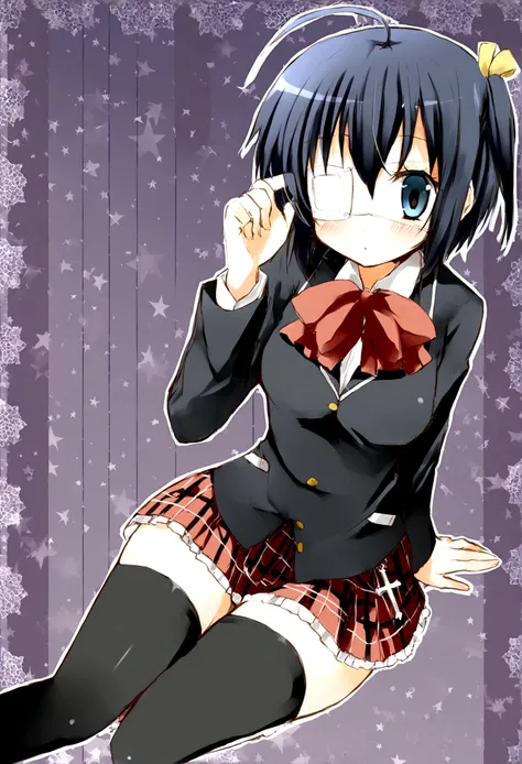 1girl,solo,akanashi_rikka,bow,ahoge,medical_eyepatch,plaid_skirt,one_side_up,skirt,thighhighs,plaid,cross,school_uniform,black_thighhighs,(Rikka Takanashi),E7E48U