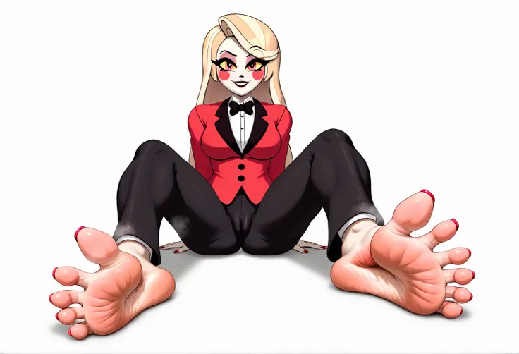 Charlie_Morningstar from Hazbin Hotel, detailed feet, foot fetish, soles, toes, red toesnail, beautiful face, wrinkled soles, stinky feet, stink steam, blond hairs, :D , beautiful red eyes, pussy out of pantie, massive . Masterpiece, 4k, ultra detailed sol...