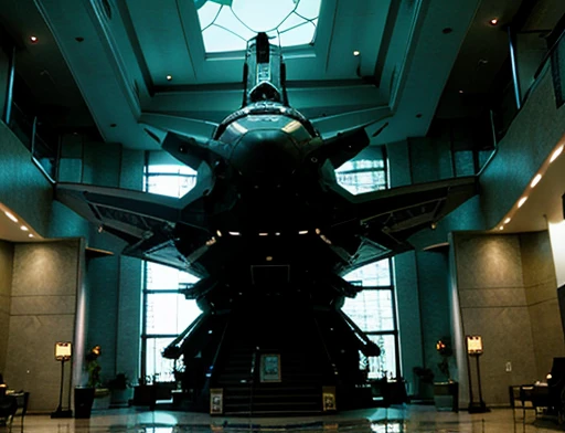 a spaceship stands motionless from a huge lobby. Photography Full view 