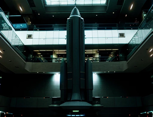 a spaceship stands motionless from a huge lobby. Photography Full view 