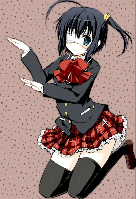 1girl,solo,akanashi_rikka,bow,ahoge,medical_eyepatch,plaid_skirt,one_side_up,skirt,thighhighs,plaid,cross,school_uniform,black_thighhighs,(Rikka Takanashi),E7E48U, dancing ,jumping