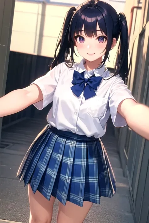 ((Highest quality)), ((masterpiece)), (detailed), Perfect Face, anime, Ultra-fine illustration, ((1 person)), ((Cute girl)), Black hair twin tails, JK Uniform, White shirt, ((navy blue tartan check skirt)), smile, Low - Angle, (School corridor, Are standin...