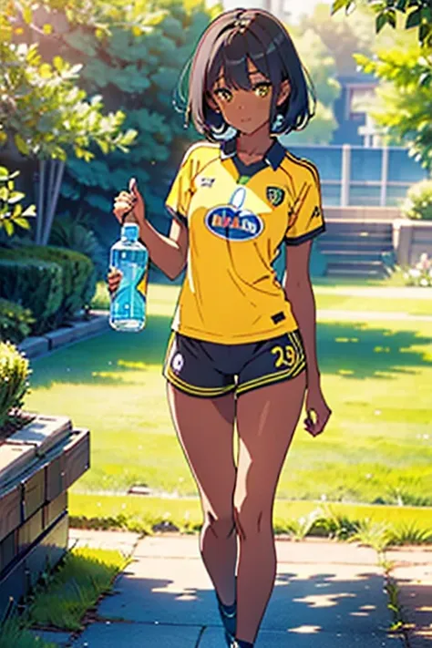 masterpiece, best quality, dark skin, short hair, yellow eyes, black hair, beautiful girl, thin, full body, plan boobs, short boobs, small , short chest, big butt, wide thigh, green soccer jersey kit, holding a water bottle