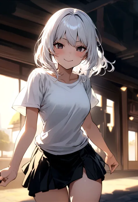 The girl with long white hair and black eyes was wearing a white t-shirt, short black skirt and thigh-length socks, with a mischievous smiling facial expression.