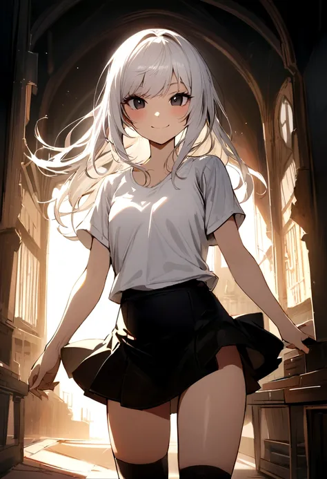 The girl with long white hair and black eyes was wearing a white t-shirt, short black skirt and thigh-length socks, with a mischievous smiling facial expression.