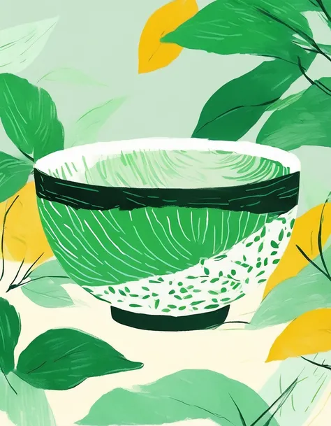 a close-up photo of a bowl, minimalist illustration, deep-light-green- bowl, oil paint texture, sketchy, prominent textures, Chinese style, tea leaf pattern bowl, solid color background, clear edges, illustration style,pop surrealism,drawing,painting