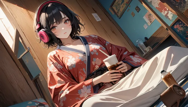 ((8k of extremely detailed CG unit, Masterpiece, high resolution, highest quality, highest quality real texture skin)), (((Japanese patterned pajamas))), (((Cute room))), (((Japanese style headphones))), (((iced coffee))), (((Im out of the way))), ((1 girl...