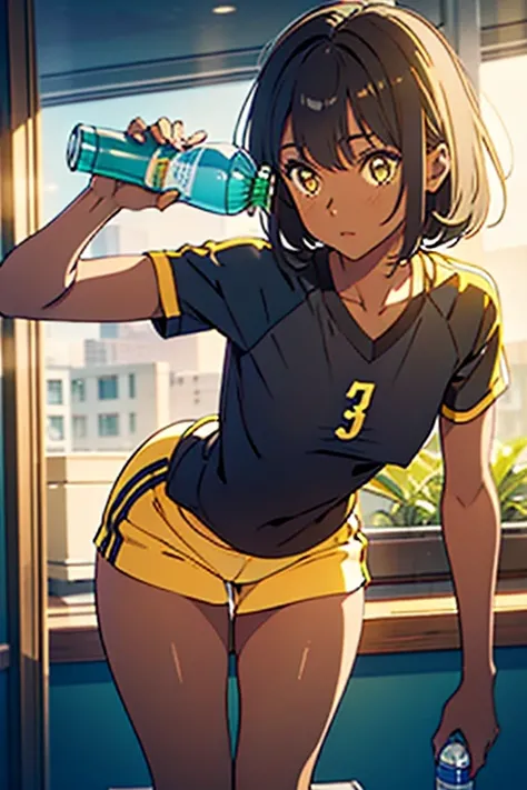 masterpiece, best quality, dark skin, short hair, yellow eyes, black hair, beautiful girl, thin, full body, plan boobs, short boobs, small , short chest, big butt, wide thigh, green soccer jersey kit, drinking water bottle