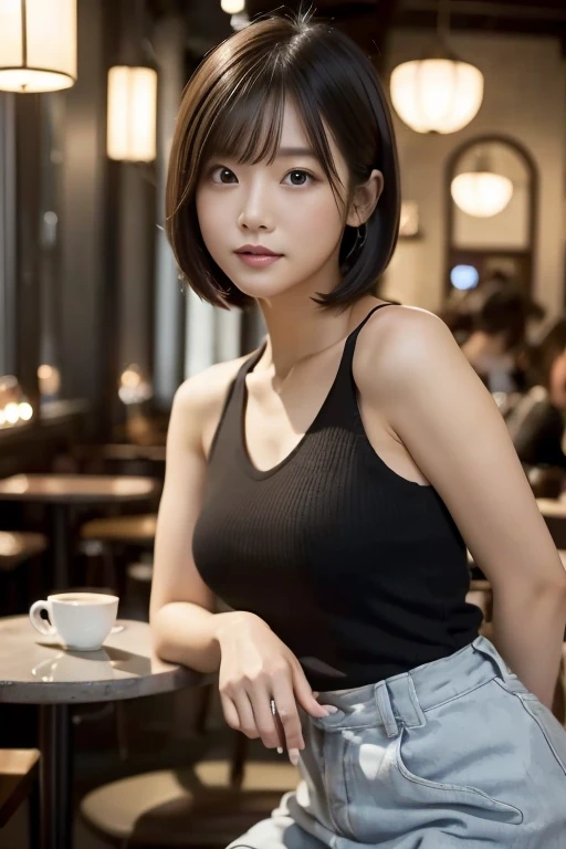 (((Cafe:1.3, indoor, Photographed from the front))), ((Medium Bob:1.3, Great style:1.2, Balanced style, Black knit, Japanese women, cute)), (clean, Natural Makeup), (Highest quality, masterpiece:1.3, 超High resolution), (Very detailedな, Caustics), (Realisti...