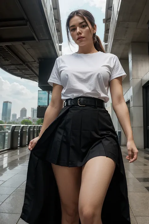 A towering Giantess in a white shirt, short sleeves, black color pleated skirt, black belt, looking at viewers, Her toned and she lean and slender body. She seems to be casually strolling through the bustling cityscape of Bangkok City, skytrain, as towerin...