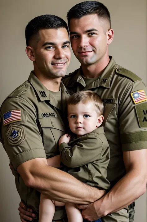 Military dad from the national guard with son in his arms 
