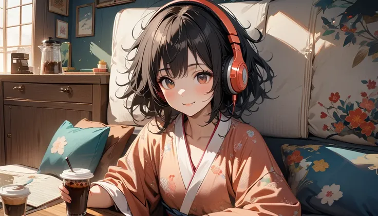 ((8k of extremely detailed CG unit, Masterpiece, high resolution, highest quality, highest quality real texture skin)), (((Japanese patterned pajamas))), (((Cute room))), (((Japanese style headphones))), (((iced coffee))), (((Smiling and listening to music...