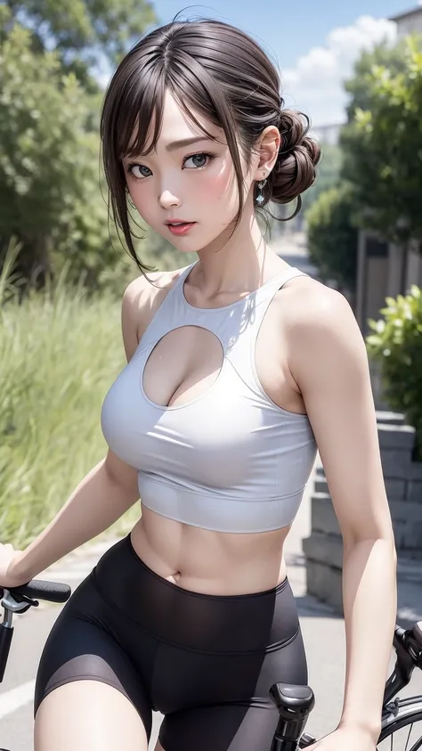 8K quality、High resolution、Realistic skin texture、High resolutionの瞳、woman、Sleeveless cycling wear、Princess Hair、thin、リアルなwoman性器、Small and young breasts、Realistic tongue、Beautiful cleavage、Gray Hair、thin脚、Sweating profusely、Sweat accumulates in the chest、S...