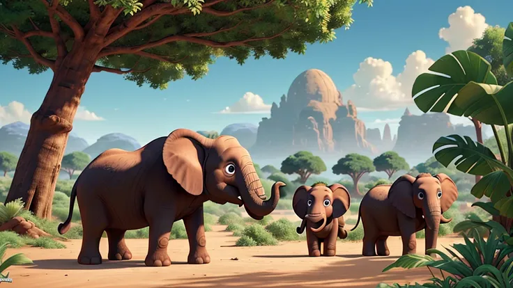 Illustrate elephants in various landscapes, from lush jungles to arid deserts, highlighting their diverse habitats and resilience.  Hyper-realistic, 8k, ultra HD, Pixar style, Disney style, Cinema 4D, --ar 3:2 1