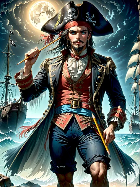 A Pirate Captain with a straw hat who has wide joyous eyes, over expressive facial features, surrounded by gloomy and Gothic atmosphere typical of late 19th century illustrations. The character possesses monstrous strength and has an ability to stretch his...