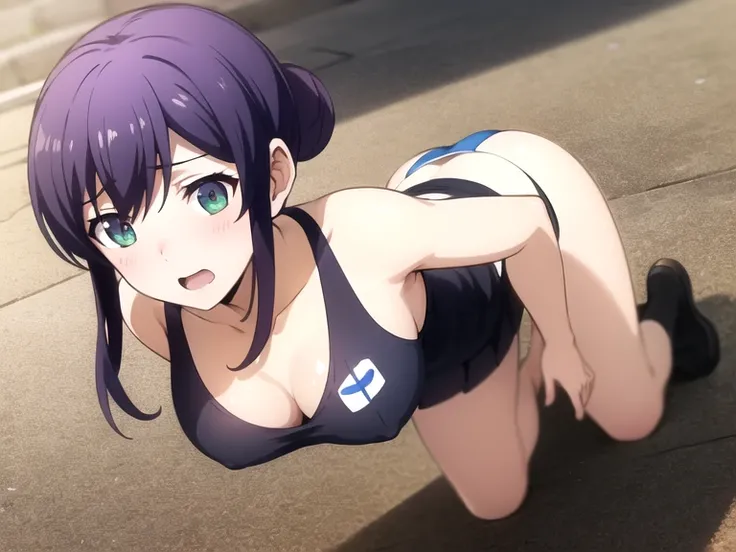 (ultra-highdetail, 8k quality, best quality, extremely detailed illustration,intense shadows,), (mikono_suzushiro, hair bun, sidelocks, single hair bun, purple hair, greem eyes, solo), 2 views, ass focus, all fours, cameltoe, school swimsuit, sleevless, no...