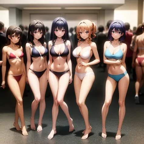 Masterpiece 3 beauties in swimsuits, medium , various hairstyles and hair colors, full body photos standing in the crowd smiling