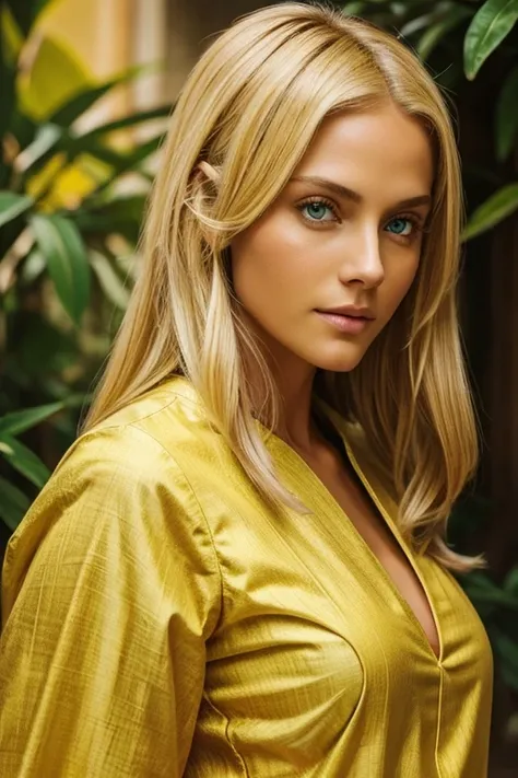 Ancient one, beautiful blonde haired women in yellow clothes of sages, green eyes, 