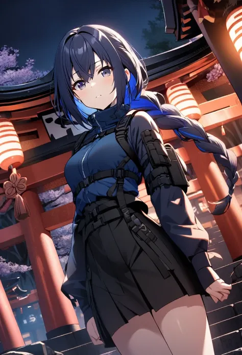 (One Girl,Midnight blue color hair,Hairstyle: braided ponytail, Dark eyes,Medium chest,Dynamic Angle)Blue Techwear,Black Skirt,Japanese shrine with night background,