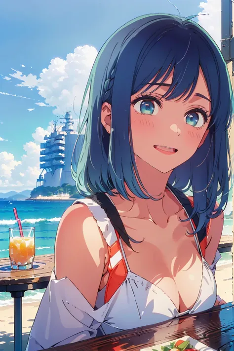 Highest quality,8k,detailed,F cup bust、Big Breasts、Slim and beautiful arms、Slim body、Very white beautiful skin、((((1 person、smile、Thin white bikini、smile、sit、In the background are the urban buildings of Tokyo、Outdoor café terrace、Drink juice、Cheek resting ...