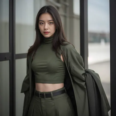 arafed woman in a green top and pants posing for a picture, a portrait by Emma Andijewska, unsplash, renaissance, photograph of a techwear woman, 2 techwear women, military girl, wearing military outfit, mid shot portrait, military outfit, lightweight armo...