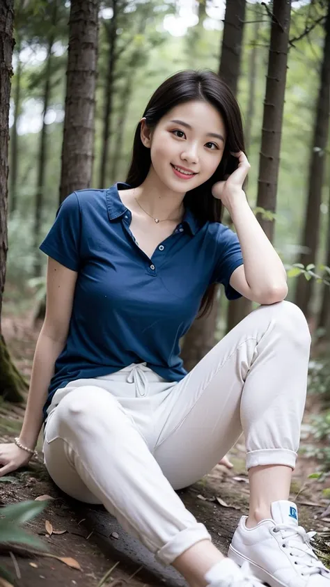 masterpiece, best quality, Surreal, Ultra Detailed, 8k resolution, RAW photos, Clear focus, (A girl in the forest), ((navy blue shirt:1.1)), Short sleeve, Long sweatpants,Full body posture, Solitary, Perfect body, Become a, 32 inches in the chest,(a charmi...