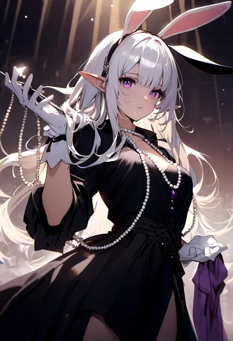 A beautiful elf girl with deep purple eyes and shirt white hair and bangs,with a black dress a black jacket over her shoulder and wears a pearl necklace around her neck with white gloves on her hands,also has rabbit ears