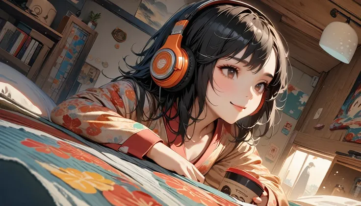 ((8k of extremely detailed CG unit, Masterpiece, high resolution, highest quality, highest quality real texture skin)), (((Japanese patterned pajamas))), (((Cute room))), (((Japanese style headphones))), (((iced coffee))), (((Smiling and listening to music...